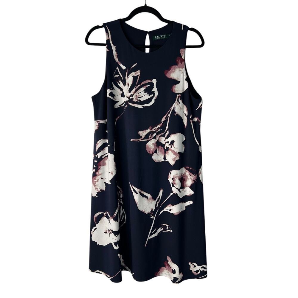 Lauren Ralph Lauren Floral Print Shift Dress Size 16 Navy Sleeveless Liquid Knit